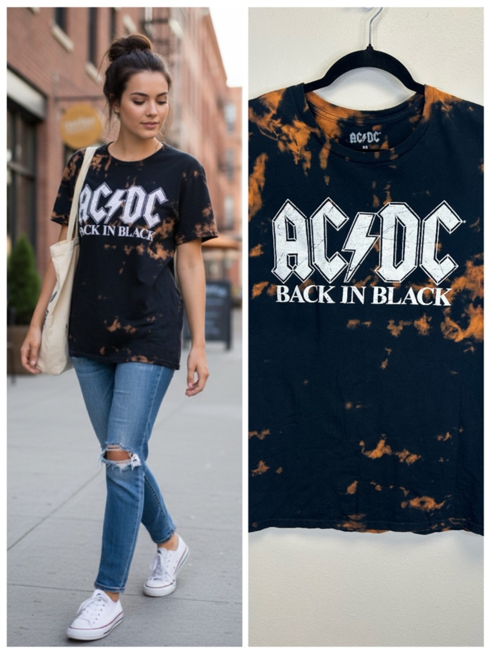 AC/DC Black Tee Orange Tie-Dye Accent Size M Concert Tour Festival Band Rock